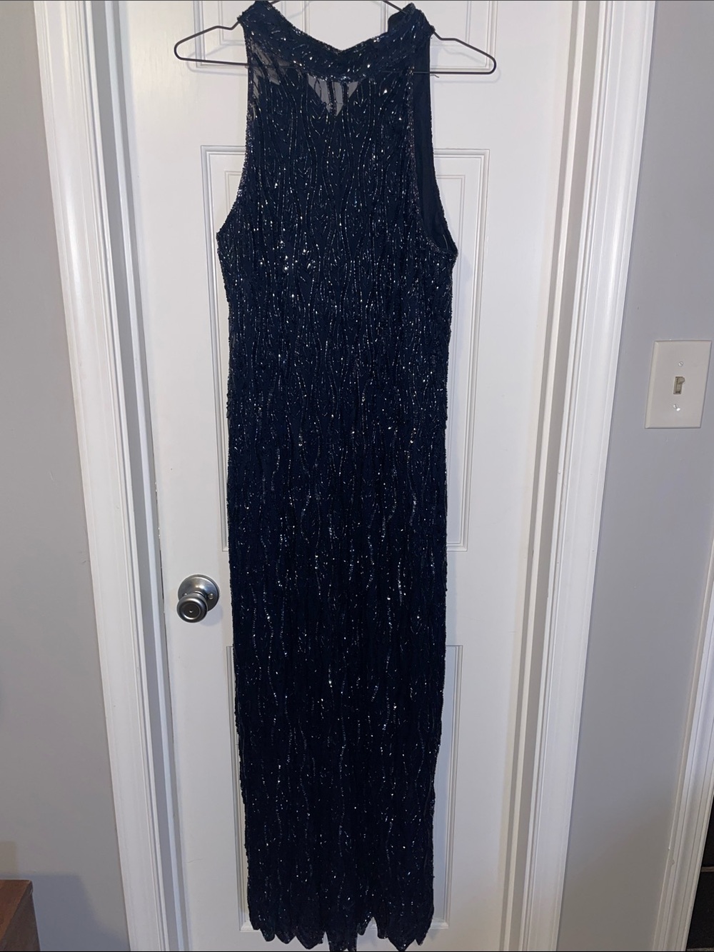 Frank Usher Vintage 80s silk beaded gown Navy US 12 Navy Ball